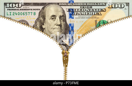 One Hundred Dollar Bill with Zipper Isolated on White. Stock Photo