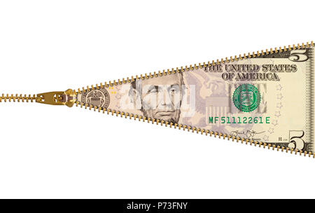 Five Dollar Bill with Zipper Isolated on White. Stock Photo