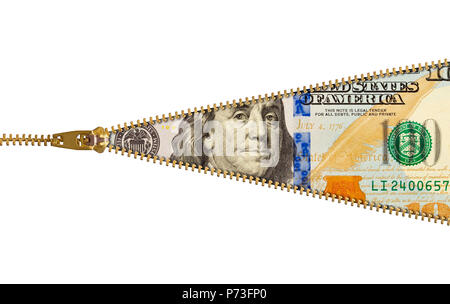 Hundred Dollar Bill With Zipper Isolated on White. Stock Photo