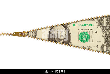 One Dollar Bill with Zipper Isolated on White Stock Photo