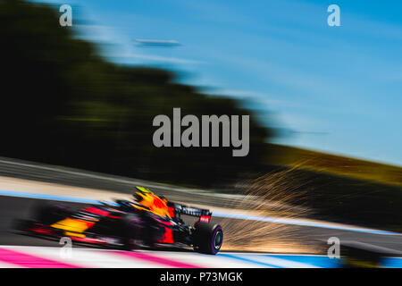 Red Bull driver Max Verstappen kicks up sparks at the 2018 French Grand Prix. Credit: Sergey Savrasov / Spacesuit Media. Stock Photo