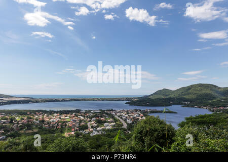 Florianopolis, Santa Catarina, Brazil. Beautiful view of beach village on sunny summer day with sea in background. Stock Photo