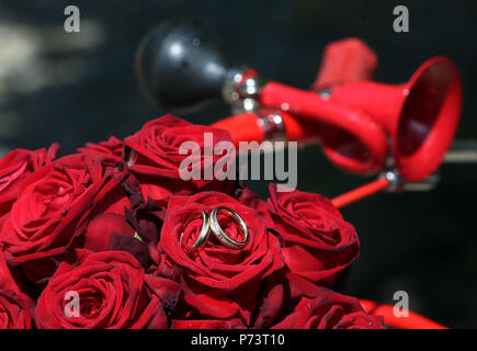 Red roses and an old red bicycle horn decorate the wedding rings Stock Photo