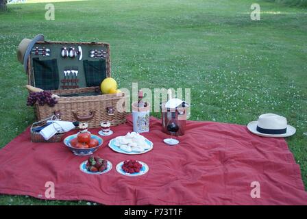 For the picnic a classic picnic basket with strawberries, raspberries, melon, tomatoes, grapes, baguette, dessert, wine and champagne Stock Photo