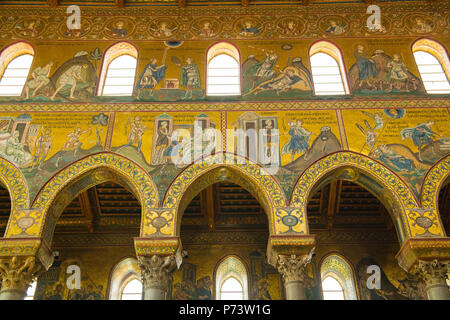 Italy Sicily Arab Norman style Cathedral Duomo di Monreale built 1172 - 1189 by King William II pure gold mosaic upper wall arches figures scenes Stock Photo