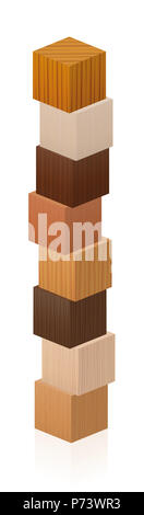 Wooden tower made of different wood samples - textured cubes from various trees - illustration on white background. Stock Photo