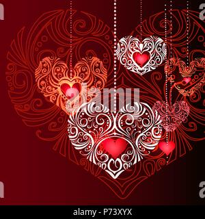 Ornate Jewelry Hearts on red background. Vector Illustration. Stock Vector