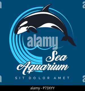 Sea Aquarium logo  or Emblem. Jumping Orca against circle of waves. Vector illustration. Stock Vector