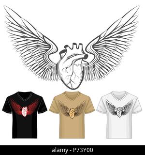 Heart with Wings shirt print template in various color variations. Vector Illustration. Stock Vector