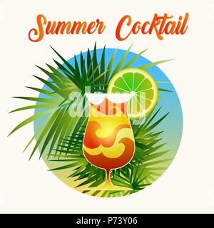 Poster drawn in retro style with exotic summer cocktail and palm tree leaves. Vector illustration. Stock Vector