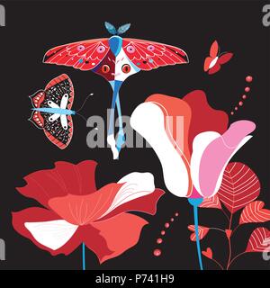 Illustration of brightly colored flowers and butterflies on a dark background Stock Vector