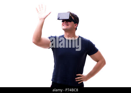 Man playing with virtual reality glasses on white background Stock Photo