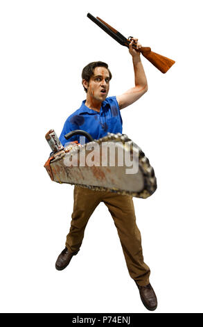 Villain with a chainsaw and sawed off shotgun on white background. Stock Photo