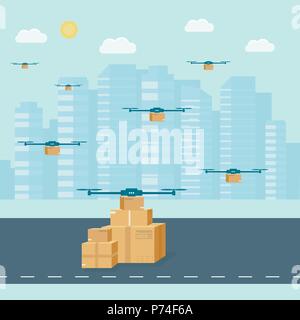 Logistics and delivery service concept:  helicopter with packages, drone delivering box and city background. Postal service creative icons design. Vec Stock Vector