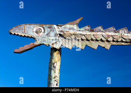 Fish sculpture in Frank Kitts Park on Lambton Harbour. Wellington, New Zealand Stock Photo
