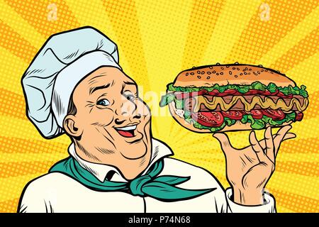 Cook Chef man presentation gesture. hot dog sausage with salad Stock Vector