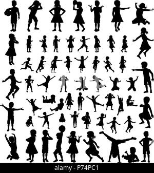 Children Kids Silhouette Big Set Stock Vector