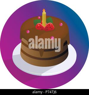 Vector chocolate birthday cake with strawberries and candle on a plate Stock Vector