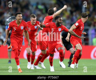 England's Jesse Lingard (left) and Danny Rose (second right) celebrate winning the penalty shootout during the FIFA World Cup 2018, round of 16 match at the Spartak Stadium, Moscow. PRESS ASSOCIATION Photo. Picture date: Tuesday July 3, 2018. See PA story WORLDCUP Colombia. Photo credit should read: Tim Goode/PA Wire. Stock Photo
