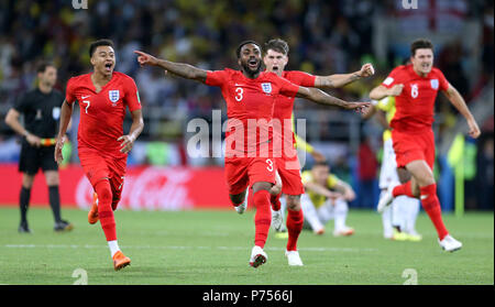 England's Jesse Lingard (left) and Danny Rose (second left) celebrate winning the penalty shootout during the FIFA World Cup 2018, round of 16 match at the Spartak Stadium, Moscow. PRESS ASSOCIATION Photo. Picture date: Tuesday July 3, 2018. See PA story WORLDCUP Colombia. Photo credit should read: Tim Goode/PA Wire. RESTRICTIONS: Editorial use only. No commercial use. No use with any unofficial 3rd party logos. No manipulation of images. No video emulation Stock Photo