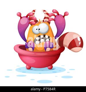 Cute, funny monster in the bathroom. Cartoon illustration. Stock Vector