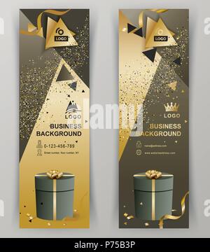 Vertical luxury gold brown banners with green gift. Triangle design elements Stock Vector