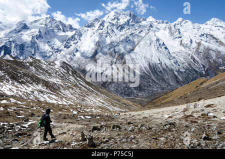 Hiker in mountains, Kyanjin Gompa, Langtang, Nepal Stock Photo