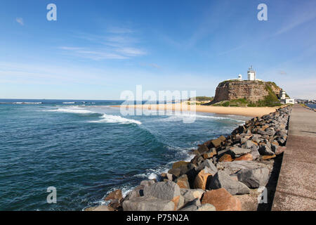 Nobbys Lighthouse is one of Newcastle's most famous landmarks. The lighthouse dates from the 19th century and was the third lighthouse constructed in  Stock Photo