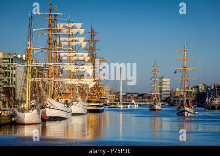 Tall Ships moored on the river Liffey Dublin Ireland in the heart of the Financial Services District Stock Photo