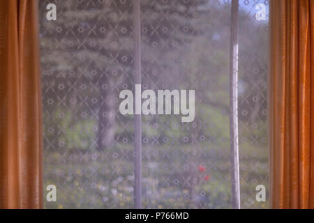 View of a summer garden with large trees and flowers through a patterned curtain tulle. Blurry Stock Photo
