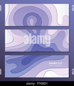 Purple abstract layout - set of modern colorful vector posters on dark background with place for your information. Paper cut, carving art effect. Thre Stock Vector