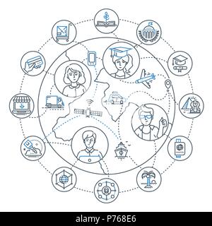 Internet business - modern line design style illustration on white background. Infographics with a globe, young people that study and work online. Fre Stock Vector