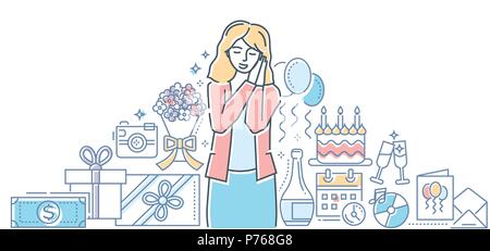 Happy birthday - colorful line design style illustration on white background. High quality composition with a young woman celebrating, presents, cake, Stock Vector