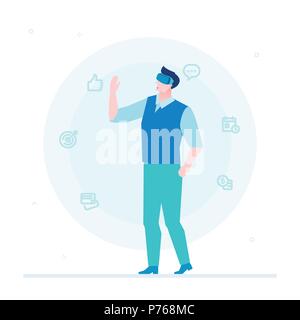 Man in VR glasses - flat design style colorful illustration on white background. High quality composition with a boy wearing virtual reality headset c Stock Vector