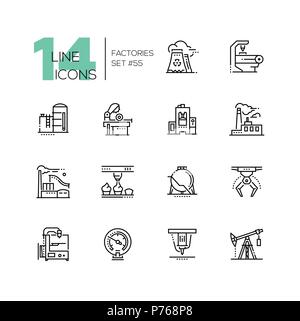Factories - modern thin line design icons set on white background. High quality black pictograms with different types of plants, pipes, chimneys, equi Stock Vector