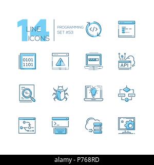 Programming - modern thin line design icons set. Coding, browser page, binary code, laptop battery, search, antivirus, bright idea, cloud computing, s Stock Vector