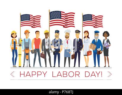 Happy labor day - modern vector colorful illustration on white background, celebration poster, banner with american flags. People of different profess Stock Vector