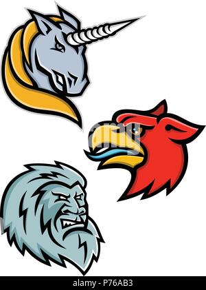 Mascot icon illustration set of heads of legendary or mythical creatures like the unicorn,griffin, griffon, or gryphon, the yeti or abominable snowman Stock Vector