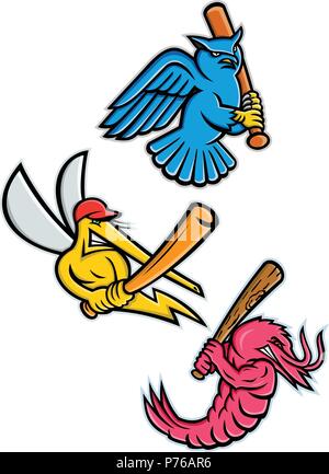 Sporting mascot icon illustration set of wildlife as baseball player like the great horned owl,  tiger owl or hoot owl, mosquito, king prawn or jumbo  Stock Vector