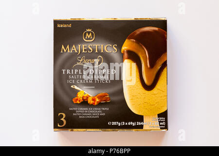 box of Iceland Majestics Luxury triple dipped salted caramel ice cream sticks isolated on white background Stock Photo