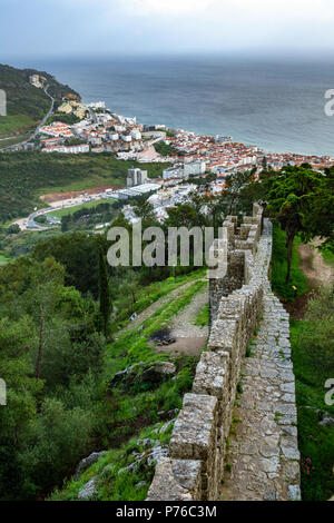 Sesimbra top view with castle wall Stock Photo