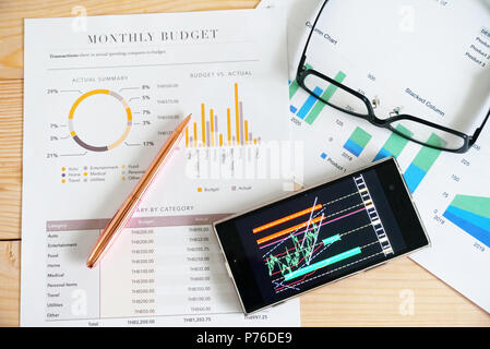 Topview smartphone which have chart on the screen and pen and glasses on paper document. Stock Photo