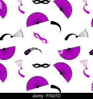 Seamless pattern with masquerade masks and veerami Purple and lilac. Stock Vector
