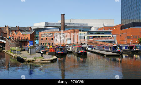 Birmingham, UK: June 29, 2018: Regency Wharf at Gas Street Basin. The restored canal system in Birmingham central is a national heritage landmark. Stock Photo