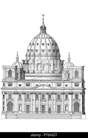 The Papal Basilica of St. Peter in the Vatican, Basilica Papale di San Pietro in Vaticano, or simply St. Peter's Basilica, Basilica Sancti Petri, is an Italian Renaissance church in Vatican City, digital improved reproduction of an original print from the year 1881 Stock Photo