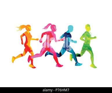 A group of running men and women staying fit. Colourful texture people silhouettes. Vector illustration. Stock Vector