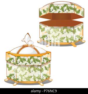 Set of closed and opened ornate gift boxes with lids green color with flower ornament isolated on white background. Vector cartoon close-up illustration. Stock Vector
