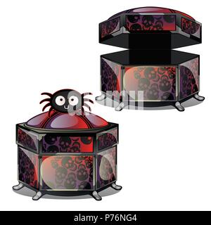 Two caskets with dark ornament in the form of human skulls. Sketch for greeting card, festive poster or party invitations. The attributes of the holiday of evil spirit Halloween. Vector. Stock Vector