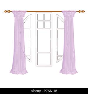 French window and pink curtain isolated on white background. Vector ...