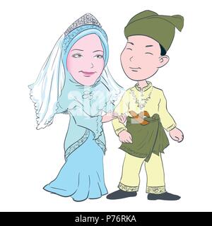 Cartoon of Malay couple wedding in wearing traditional costumes, for Asian Traditional Cultural - Hand drawn Vector Illustration. Stock Vector